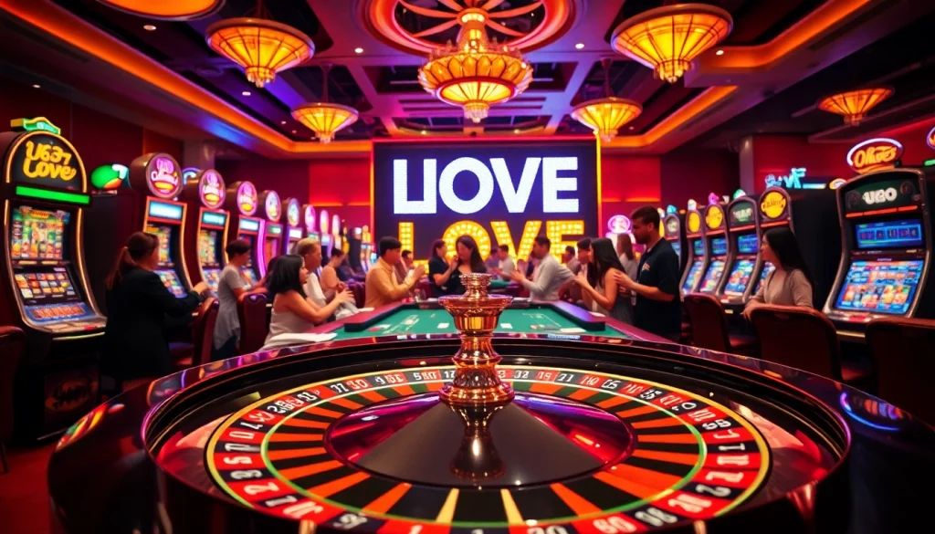 Experience the thrill of gambling with U888 love showcased at a vibrant casino scene featuring roulette and excited players.