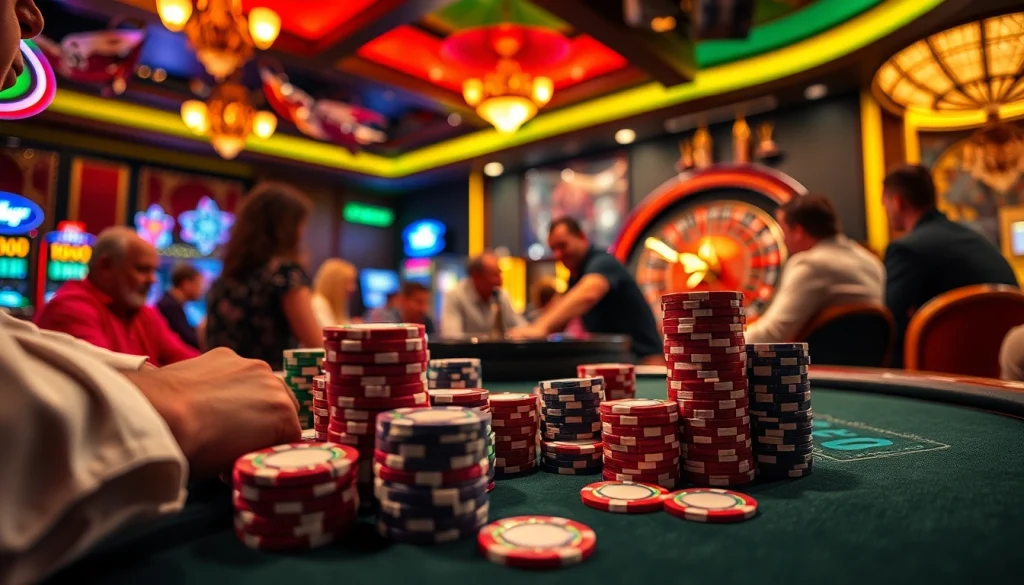 Experience the excitement of poker at Nohu90, featuring intense gameplay and colorful casino chips amid a vibrant atmosphere.